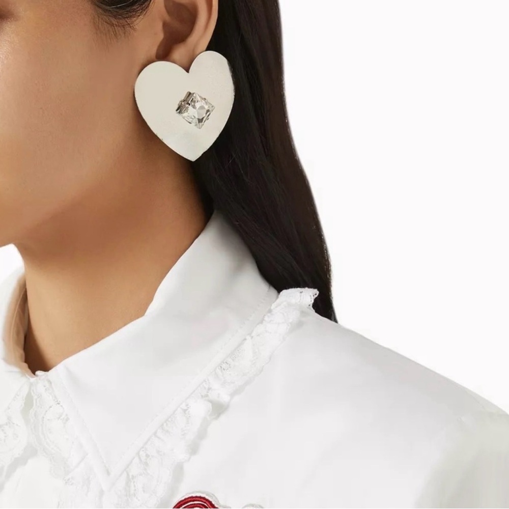 Alessandra Rich White Heart Earrings with Crystal